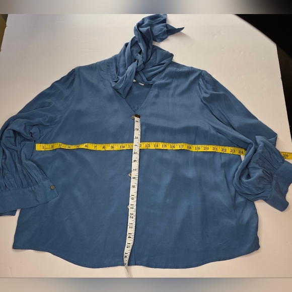 Hudson North Blue Rayon, Button,  Pleated Blouse With Wide Tied Collar 1X - Picture 6 of 10